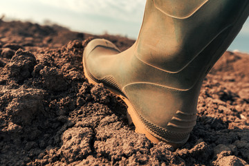 Farmer in wellington rubber boots making first step in field - obrazy, fototapety, plakaty