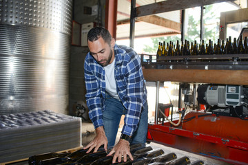 young man wine maker working filling wine bottle with automatic bottling machine