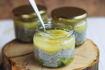 photo for advertising tropical dessert with fruits of kiwi, pineapple, chia, cream cheese, in a jar