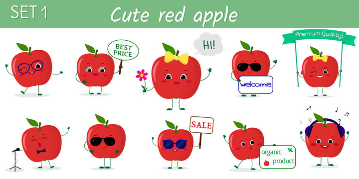 Set of ten cute kawaii red apples characters in various poses and accessories in cartoon style. Vector illustration, flat design