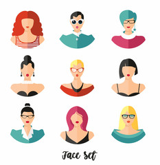 Set woman face hairstylein color. Girls vector illustration. Trend flat style.