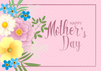 Happy Mother's day greeting card. Holiday banner with cut out paper flowers on pink background. Vector illustration.