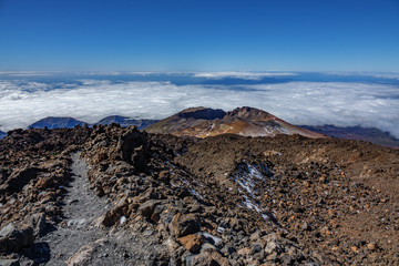 Pico viejo crater and hiking path surrounded by lava fields