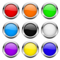Round buttons. Glass colored icons with chrome frame