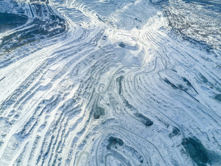 Fototapeta premium Asbest, Russia - May, 2018: Aerial panoramic shot of asbestos mining quarry at winter