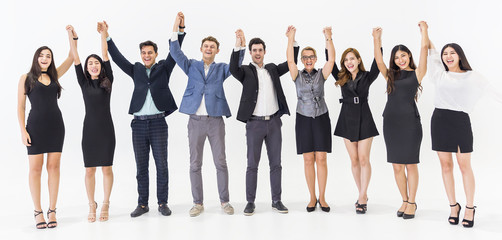 Fototapeta na wymiar Creative team meeting hands up together in line, asian people teamwork acquisition, brainstorm business people concept. Startup friends creative suit people sale project panoramic banner