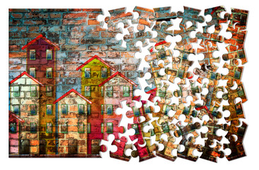 Public housing concept image painted on a brick wall - puzzle shape