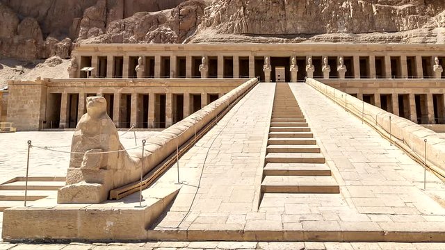 The Mortuary Temple of Hatshepsut, also known as the Djeser-Djeseru. Built for the Eighteenth Dynasty pharaoh Hatshepsut, it is located beneath the cliffs at Deir el-Baharinear the Valley of the Kings