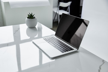 Fototapeta premium laptop with blank screen and flowerpot on white marble table