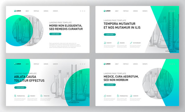 Pharmaceutical Landing Pages Templates Set. Medical Web Page Design Concept Layout For Website. Vector Illustration. Horizontal Brochure Cover, Web Banner, Website Slide, Powerpoint Presentation.