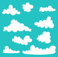 Set of white clouds icon on blue background,vector illustration. Cloud symbol or logo. Icon, shape, label. For web and print. Stylized cartoon. - Vector 