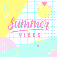 Hand drawn lettering summer vibes with retro style texture and geometric elements in memphis style.Abstract design card perfect for prints, flyers,banners,invitations,special offer and more.