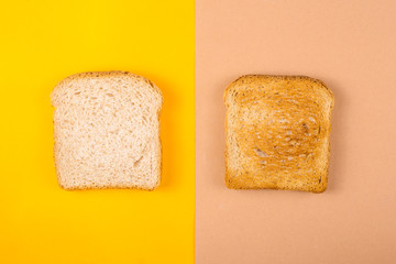 Two toasts of varied bread on yellow and brown backgrounds