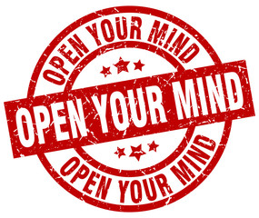 open your mind round red grunge stamp