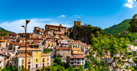 Fototapeta premium PAPASIDERO, CALABRIA, ITALY - An ancient Roman town in the province of Consenza overlooking the one catholic church built on a rock 208 meters above sea level.