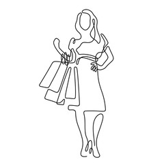 Woman with shopping bags continuous line vector illustration