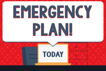 Handwriting text Emergency Plan. Conceptual photo actions developed to mitigate damage of potential events Blank Huge Speech Bubble Pointing to White Laptop Screen in Workspace Idea