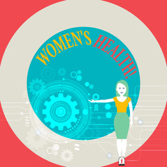 Word writing text Women S Health. Business photo showcasing Chronic diseases conditions as heart disease cancer diabetes Woman Standing and Presenting the SEO Process with Cog Wheel Gear inside
