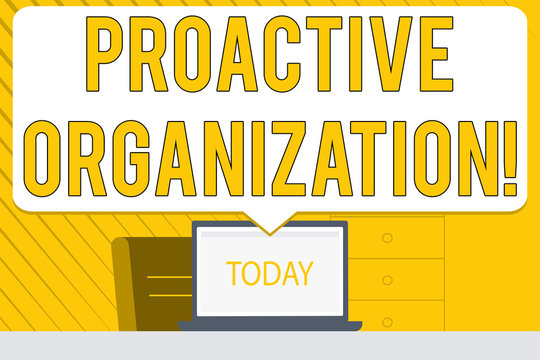 Word writing text Proactive Organization. Business photo showcasing Action and result oriented behavior of a company Blank Huge Speech Bubble Pointing to White Laptop Screen in Workspace Idea