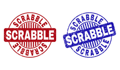 Grunge SCRABBLE round stamp seals isolated on a white background. Round seals with grunge texture in red and blue colors. Vector rubber overlay of SCRABBLE caption inside circle form with stripes.