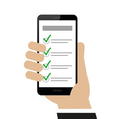 hand is holding smartphone with a checklist isolated on white background vector illustration EPS10