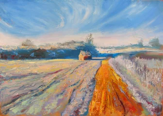 Impressionistische Landschaft mit Hütte in der Nähe der Straße. Originalgemälde, Öl auf Leinwand © Irina Sergeyeva