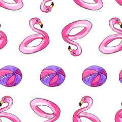 Obraz premium Pattern from drawn with a watercolor of a rubber ring in the form of a flamingo and a ball on a white background