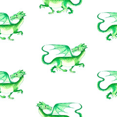 Fototapeta premium Watercolor seamless pattern with fairy dragons, crystals. Hand painted childish background.