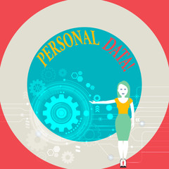 Word writing text Personal Data. Business photo showcasing information that relates to identified or identifiable Woman Standing and Presenting the SEO Process with Cog Wheel Gear inside