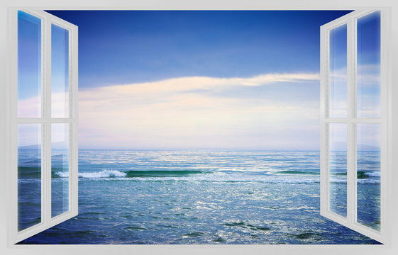 Fototapeta Calm sea in a sunny day - concept image seen from a white window