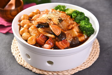 beef stew with fried potatoes and carrots