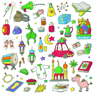 doodle element happy eid mubarak, vector cartoon illustration in idul fitri or eid mubarak, Muslim celebration. alloohuakbar is mean god of greater