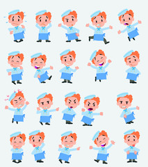 Cartoon character chef. Set with different postures, attitudes and poses, doing different activities in isolated vector illustrations.