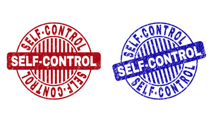 Grunge SELF-CONTROL round stamp seals isolated on a white background. Round seals with distress texture in red and blue colors.