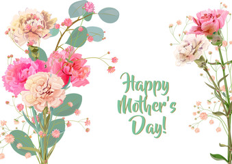 Horizontal Mother's Day card with carnation: white, red, pink, flowers, twigs gypsophile, leaves eucalyptus, white background. Templates for design, botanical illustration in watercolor style, vector