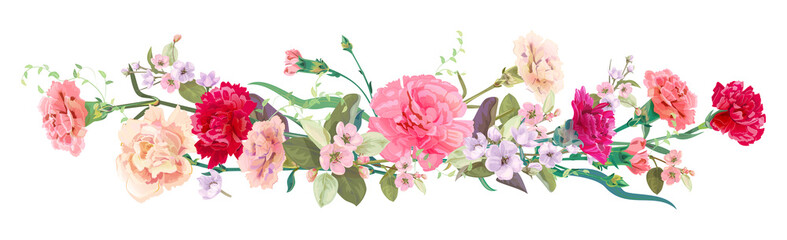 Naklejka na ściany i meble Panoramic view: bouquet of carnation schabaud, spring blossom. Horizontal border: red, pink flowers, buds, leaves on white background. Digital draw illustration in watercolor style, vintage, vector