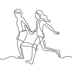 Running couple continuous line vector illustration