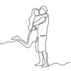 Happy hugging couple continuous line vector illustration