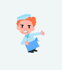 Chef shows very angry something to his left.