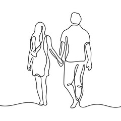 Romantic couple walking together holding hands continuous line vector illustration