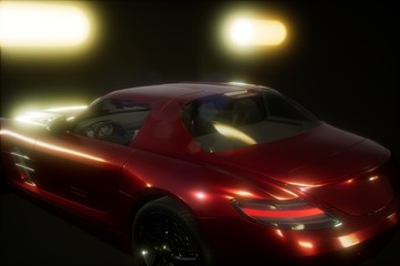 Naklejka na ściany i meble luxury sport car in dark studio with bright lights