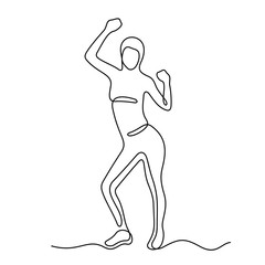 Fitness woman cheerful dancing continuous line vector sketch
