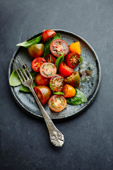 Rustic Tomato salad with mixed types, fresh basil, balsamico and olive oil