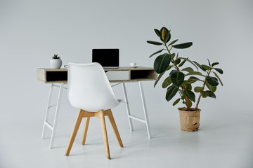 table with laptop, white chair and plants in flowerpots on grey