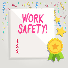 Text sign showing Work Safety. Business photo showcasing policies and procedures in place to ensure health of employees White Blank Sheet of Parchment Paper Stationery with Ribbon Seal Stamp Label