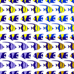 Set of vector seamless patterns with yellow and blue tropical sea fish.