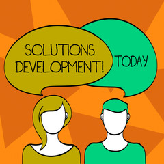 Word writing text Solutions Development. Business photo showcasing determining the best way of satisfying requirements Blank Faces of Male and Female with Colorful Blank Speech Bubble Overlaying