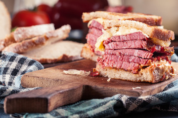 Reuben Sandwich with corned beef, cheese and sauerkraut