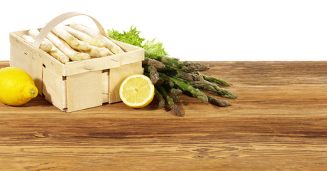 White Asparagus in a Box on a wooden Board - Panorama