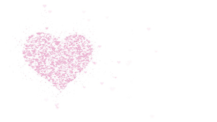Fototapeta na wymiar Blurred pink heart is isolated on white background. Accumulation of little hearts creates one large heart. Left allocation. Copy space.